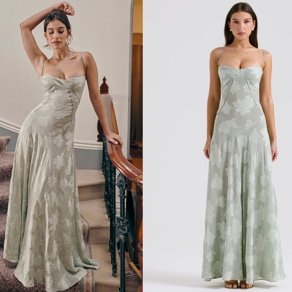 HOUSE OF CB 'Seren' Pistachio Floral Lace Back Maxi Dress NWT - Picture 2 of 10